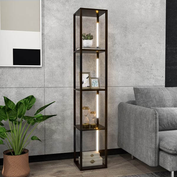 Gulvlampe med hylde, 163 cm, brun