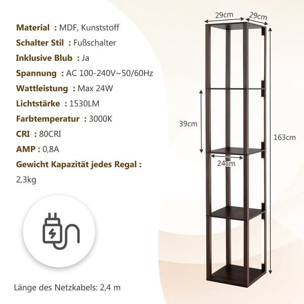 Gulvlampe med hylde, 163 cm, brun
