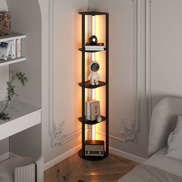 Lattiavalaiscm hyllyillä, 4 pyörivää LED-nauhaa, jalkakytkcm, puumacmen viimeistely