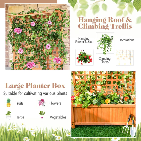 Hævet plantebed med espalier og hængende tag, 35.5x17.5x72.5 cm, natur