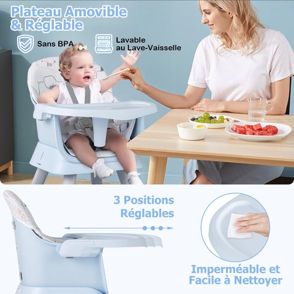 Babyhøjstol, 6 i 1, Blå - materiale: Premium, ikke-giftig PP
