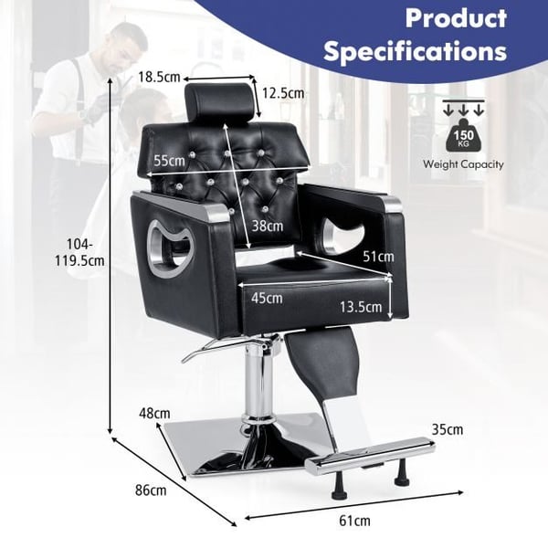 Barberstol, 261x86x104-119,5 cm, Sort