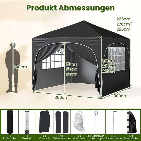 Pavillon telt, 3x3 m, sort