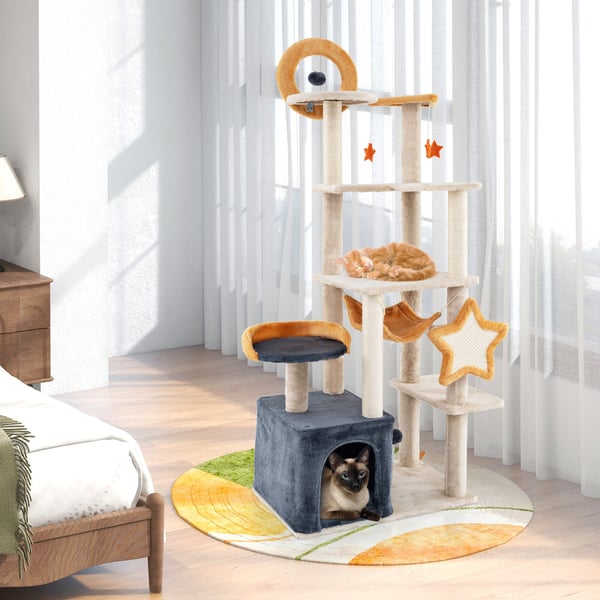 Kattetræ, 61x41x160 cm, Beige, Mørkegrå, Orange