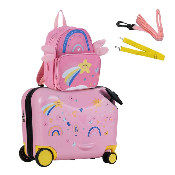 Børne Rejsetaske Sæt, 18" Ride-On Hardshell Kuffert og 12" Rygsæk, Lys Pcmk Børne Rejsetaske Sæt, 18" Ride-On Hardshell Kuffert og 12" Rygsæk, Lys Pcmk