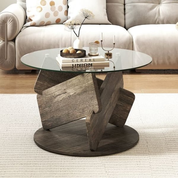 Sofabord, 32cm, grå - materiale: gummitræ, MDF, 3D-papir, hærdet glas