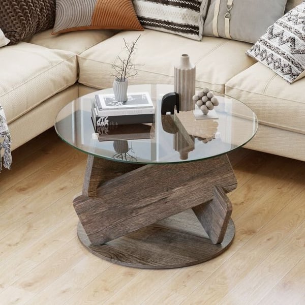 Sofabord, 32cm, grå - materiale: gummitræ, MDF, 3D-papir, hærdet glas
