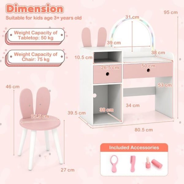 Toilettbord, Prinsesse Kanin, 80,5x39,5x95 cm, Hvid