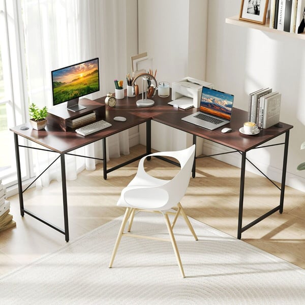 Skrivebord, vendbart L-formet skrivebord, 150x150x75 cm, kaffe