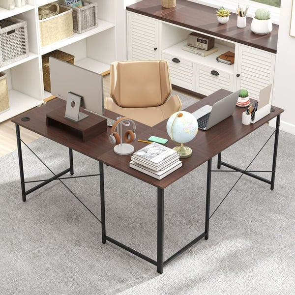 Skrivebord, vendbart L-formet skrivebord, 150x150x75 cm, kaffe