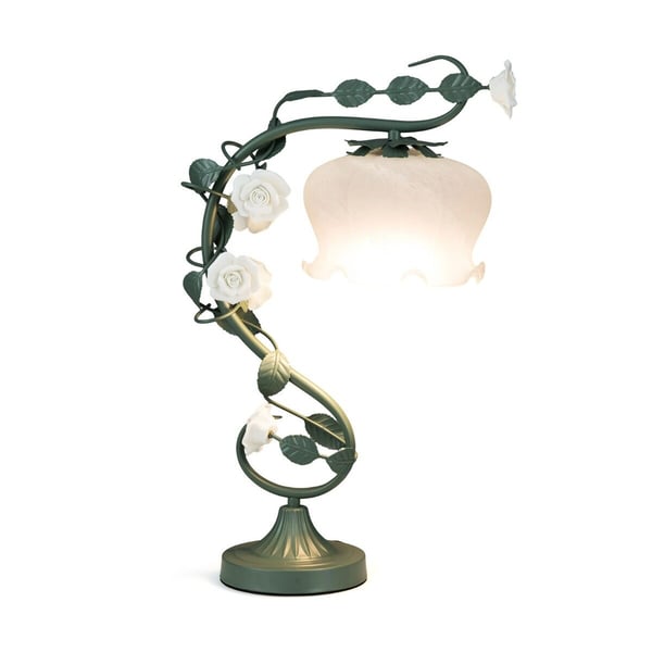 Sengebordslampe, glasskærm med liljekonval-buket, 34x54,5 cm, grøn