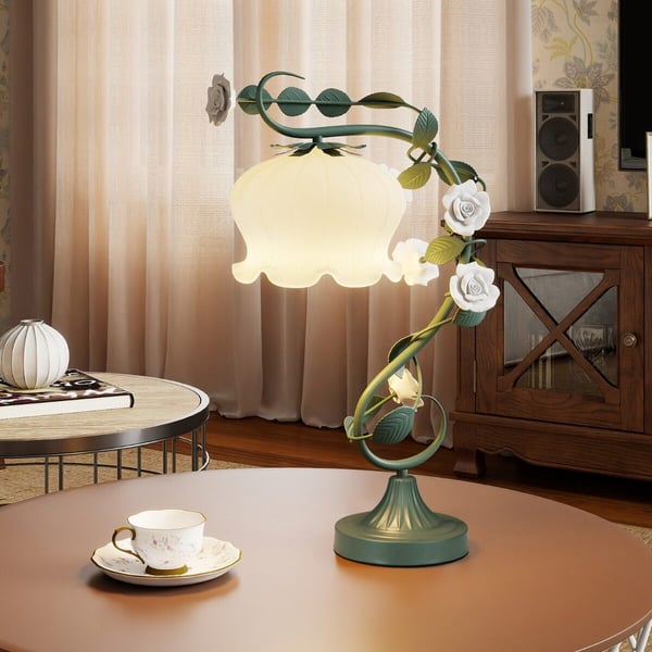 Sengebordslampe, glasskærm med liljekonval-buket, 34x54,5 cm, grøn