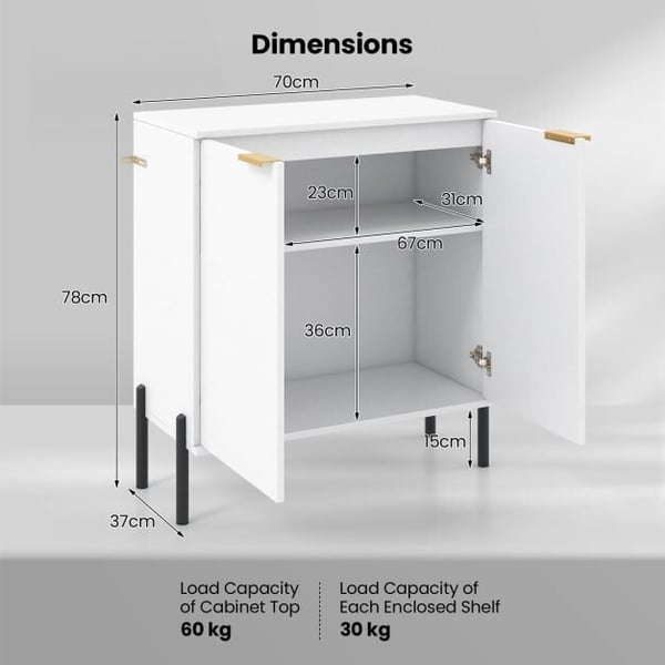 Skænk, 70x37x78 cm, Hvid - materiale: metal, krydsfiner, MDF