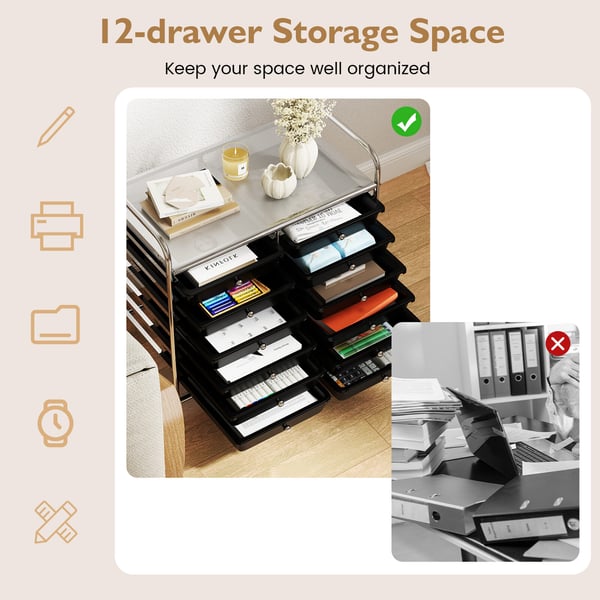 Opbevaringsvogn, 12 skuffer, sort