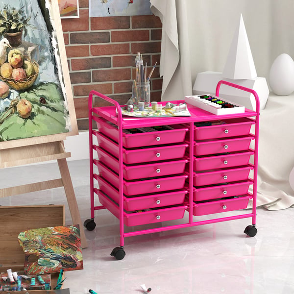 Säilytyskärry, 12 laatikkoa, kirkkaan pinkki