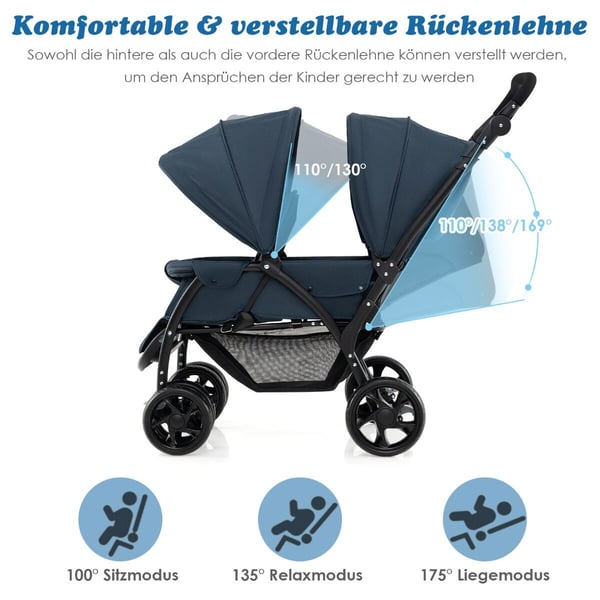 Barnevogn, foldbar dobbelt tandem-sæde, grå Barnevogn, foldbar dobbelt tandem-sæde, grå