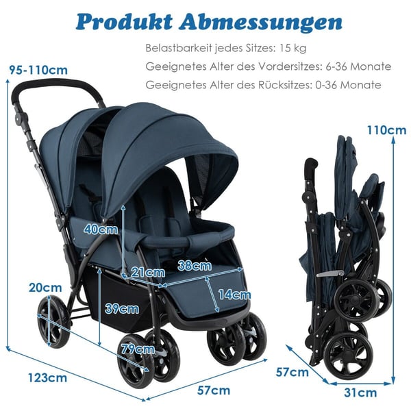 Barnevogn, foldbar dobbelt tandem-sæde, grå