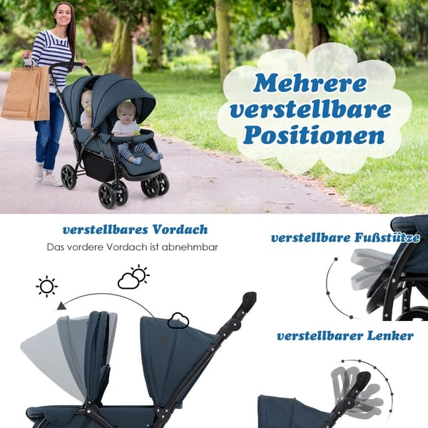 Barnevogn, foldbar dobbelt tandem-sæde, grå