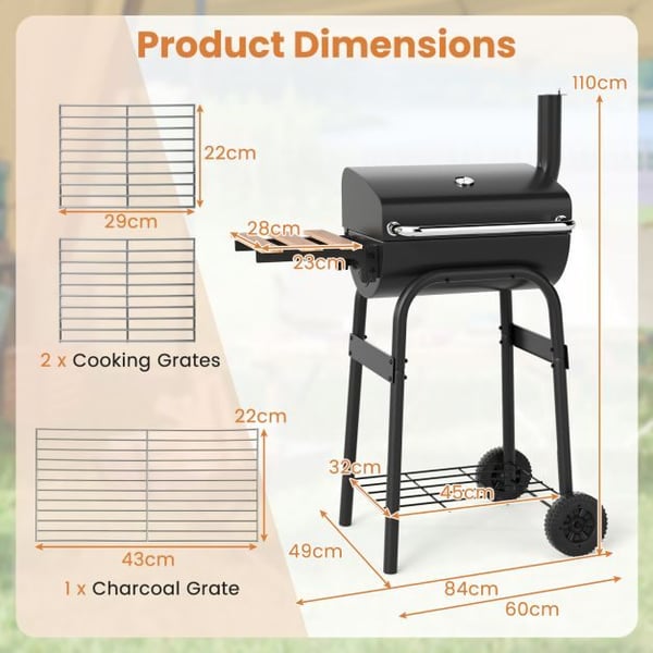 Trækulgrill, 60,9 cm, Sort - materiale: metal, rustfrit stål, bøgetræ