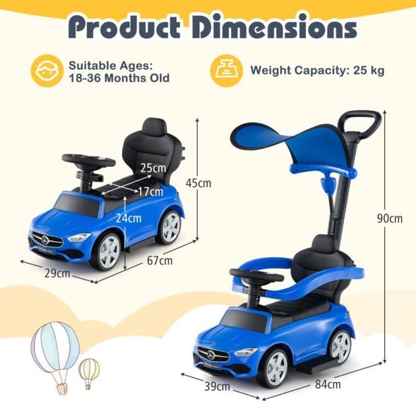 Ride-On skubebil, 3-i-1 justerbar kaleche, 84x39x90 cm, blå