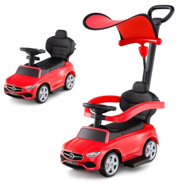 Ride-On skubbebil, 3-i-1 med justerbar kaleche og styrestang, 84x39x90 cm, rød
