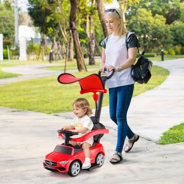 Ride-On skubbebil, 3-i-1 med justerbar kaleche og styrestang, 84x39x90 cm, rød
