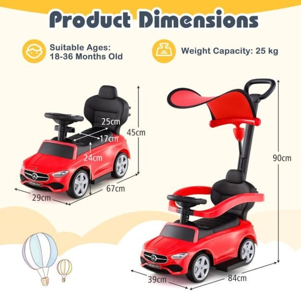 Ride-On skubbebil, 3-i-1 med justerbar kaleche og styrestang, 84x39x90 cm, rød