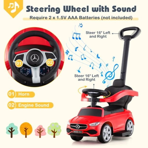 Ride-On skubbebil, 3-i-1 med justerbar kaleche og styrestang, 84x39x90 cm, rød