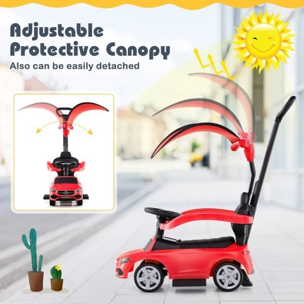 Ride-On skubbebil, 3-i-1 med justerbar kaleche og styrestang, 84x39x90 cm, rød