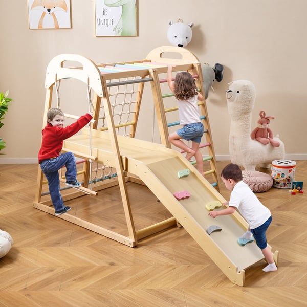 Jungle Gym, Træ Montessori Klatrestativ Legeplads, 198x105x124 cm, Flerfarvet