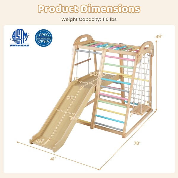 Jungle Gym, Træ Montessori Klatrestativ Legeplads, 198x105x124 cm, Flerfarvet