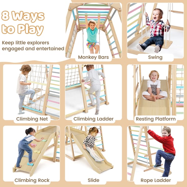 Jungle Gym, Træ Montessori Klatrestativ Legeplads, 198x105x124 cm, Flerfarvet