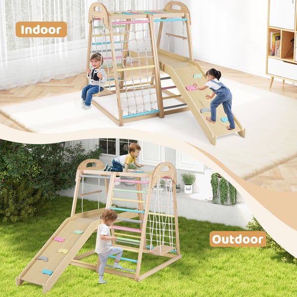 Jungle Gym, Træ Montessori Klatrestativ Legeplads, 198x105x124 cm, Flerfarvet