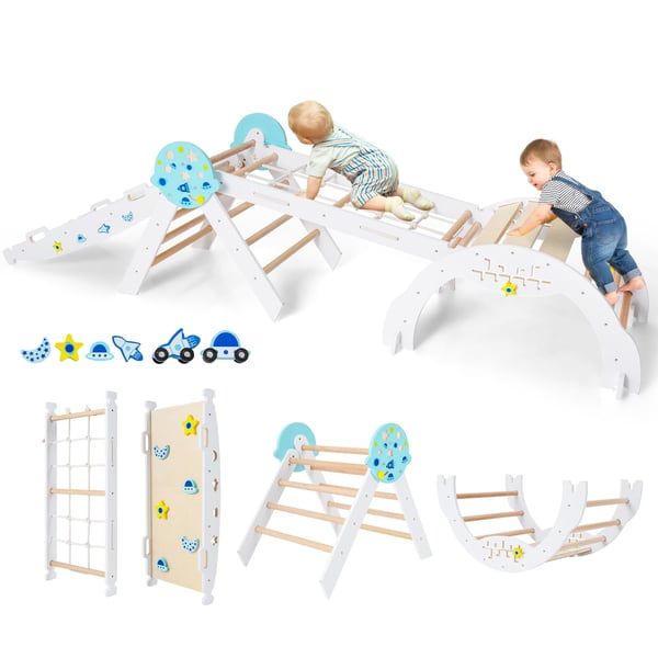 Kiipeilyteline, puinen Montessori astronauttiteemainen 8-in-1 leikkiteline, 75x38x91 cm, valkoinen