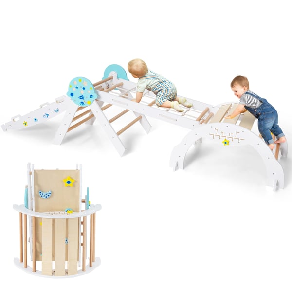 Kiipeilyteline, puinen Montessori astronauttiteemainen 8-in-1 leikkiteline, 75x38x91 cm, valkoinen