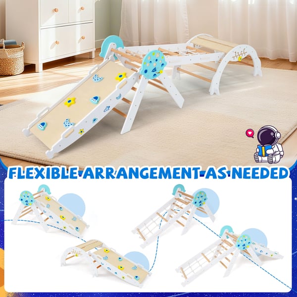 Kiipeilyteline, puinen Montessori astronauttiteemainen 8-in-1 leikkiteline, 75x38x91 cm, valkoinen