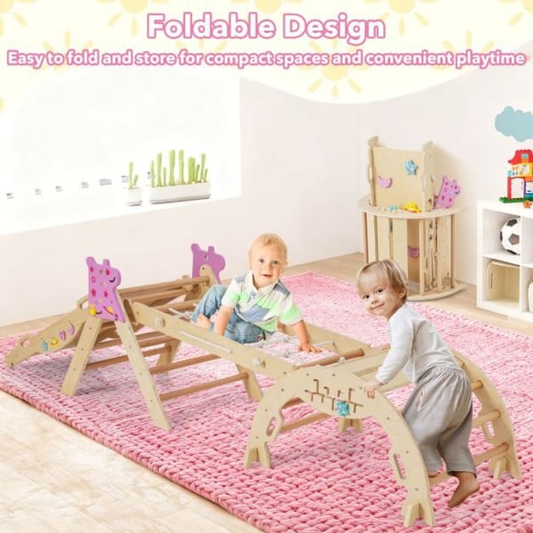 Kiipeilylelusetti, Taitettava puinen Montessori-sisäleikkialue, 73x38x91 cm, luonnollinen