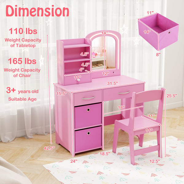 Børnesminkebordssæt, 80x40x108,5 cm, Pink