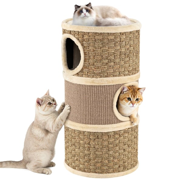 Kattekondominium, 3-etagers tøndeformet kattetårn med sisal kradsemåtte, 36x36x70 cm, brun