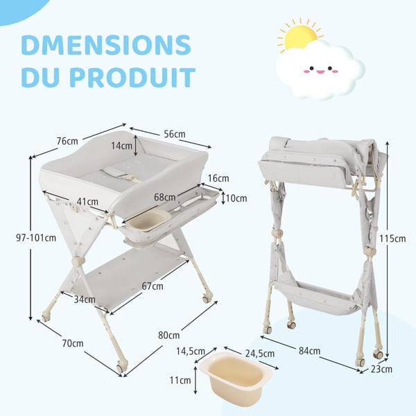 Baby puslebord, 80x70x104 cm, grå