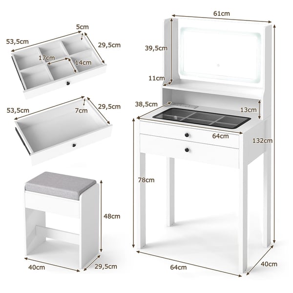 Toiletbord, 64x40x132 cm, Hvid