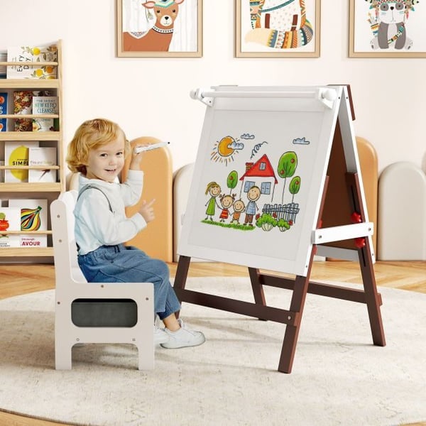 Børne staffeli og stol sæt, 55x48x75-94 cm, brun