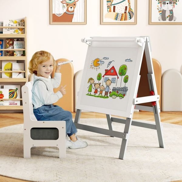 Lasten piirustusteline ja tuolisetti, 55x48x75-94 cm, harmaa