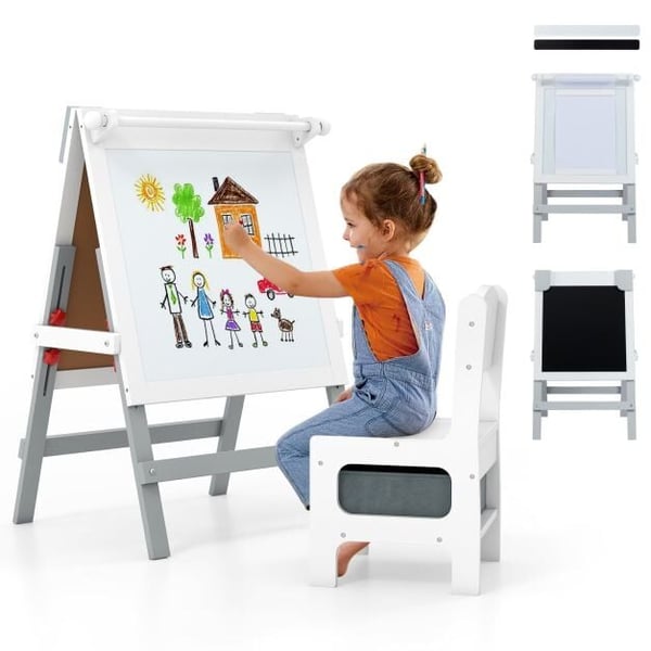 Lasten piirustusteline ja tuolisetti, 55x48x75-94 cm, harmaa
