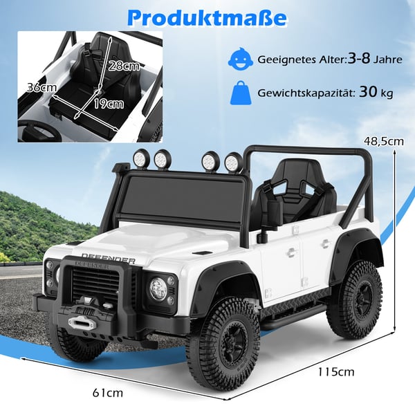 Elektrisk legebil til børn, Land Rover Defender, hvid
