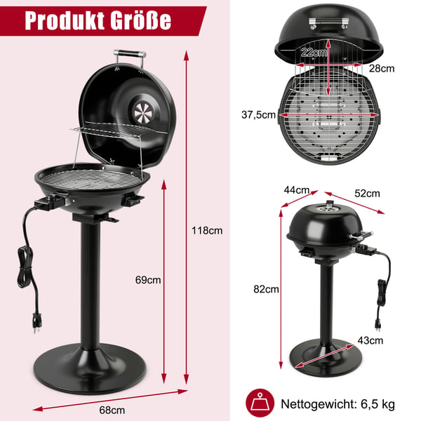 Elektrisk BBQ Grill, 52x44x82 cm, Sort