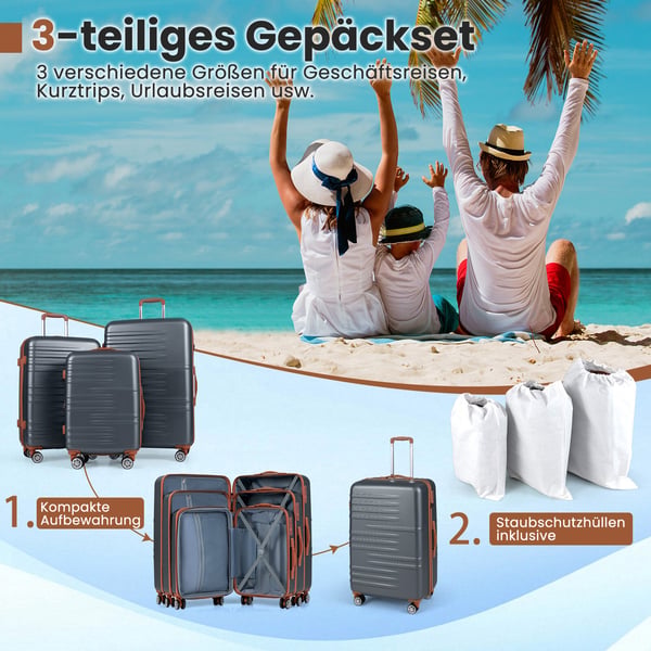 Kuffertsæt, 3-delt hardcase kuffertsæt, 40x23x58 cm, grå