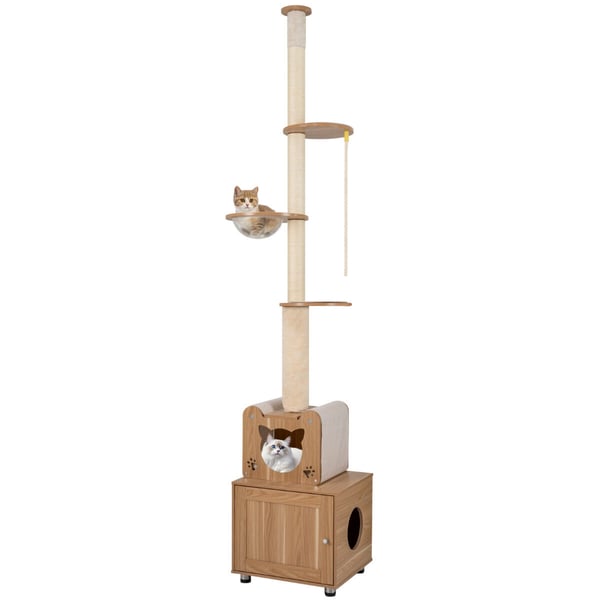 Kattetårn, højdejusterbart gulv-til-loft kattetårn med kattebakke, 67,3x44,5x256,5-275,6 cm, brun Kattetårn, højdejusterbart gulv-til-loft kattetårn med kattebakke, 67,3x44,5x256,5-275,6 cm, brun
