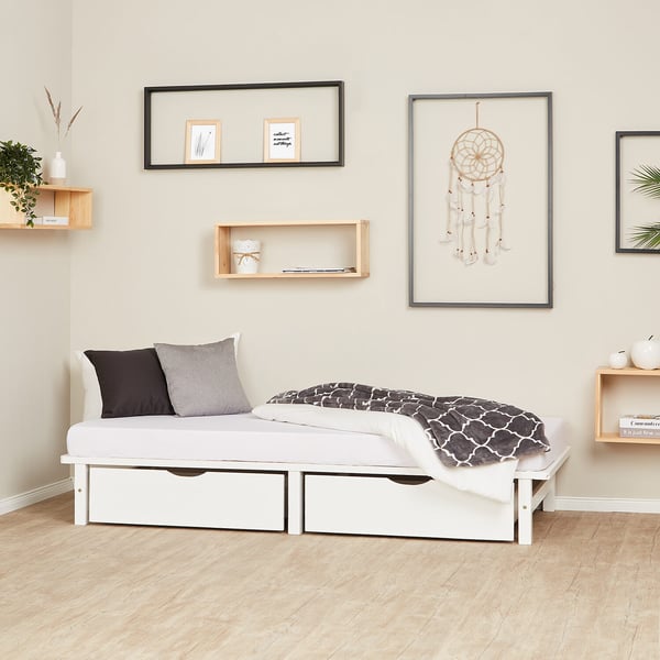 Seng, Home, Massivtræs palle-seng med skuffer, 90x200x28 cm, Hvid