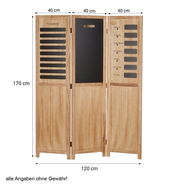 Rumsavdelare, Home, Trä 3-panelers griffeltavla-organisatör, 120x2x170 cm, Svart
